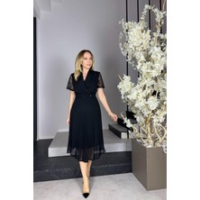 Ges Moda G0924 Kolları Dantel Piliseli Elbise Siyah