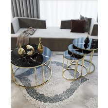 Sedaş Living Units 4 Lü SİYAH MERMER Temperli Kırılmaz Cam Gold Metal Ayaklı Cam C Model Sehpa Takımı (Zigon ve Orta)