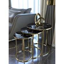 Sedaş Living Units 4 Lü SİYAH MERMER Temperli Kırılmaz Cam Gold Metal Ayaklı Cam C Model Sehpa Takımı (Zigon ve Orta)