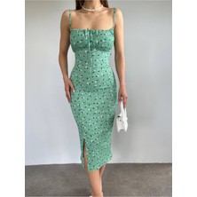 Hira Fashion Kadın Yeşil Askılı Çiçek Desenli Yırtmaçlı Ip Bağlamalı Elbise