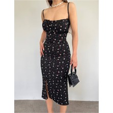 Hira Fashion Kadın Siyah Askılı Çiçek Desenli Yırtmaçlı Ip Bağlamalı Elbise