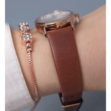 Daniel Klein Rose Gold Oval Kasa Kahve Deri Kayışlı Kadın Kol Saati, Zirkon Taşlı Bileklik Hediyeli