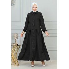 Neva Sofya Keten Düğmeli Kloş ELBISE-2328 Siyah