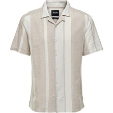 Only & Sons Normal Açık Haki Çizgili Erkek Gömlek Onscaıden Ss Strıpe Lınen Resort Sh