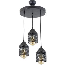 Woodhub Metal Papatya Desen Spor Model Modern Avize Siyah 3 E27 Modern