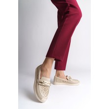 Mevese LIZY Bağcıksız Ortopedik Rahat Taban Çiçek Desenli Babet Ayakkabı KT Krem