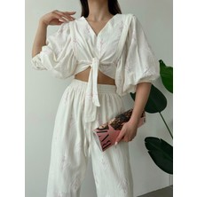 Kadın Yeni Sezon Premium Kalite Keten Çiçekli Crop Pantolon Ikili Takım 55585