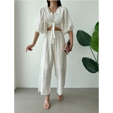Kadın Yeni Sezon Premium Kalite Keten Çiçekli Crop Pantolon Ikili Takım 55585