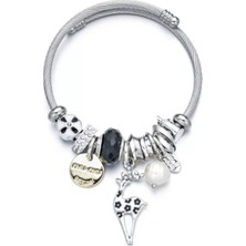 Ankı Geyik Charmlı Gümüş  Mmodel Şık Bileklik Siyah