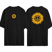 The Wert  Barış Işareti ve Papatya Ön Arka Baskılı Sıyah Oversize T-Shirt