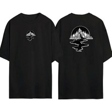 The Wert  Dağ ve Gökyüzü Yıldızlar Ön Arka Baskılı Sıyah Oversize T-Shirt