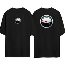 The Wert  Mavi ve Beyaz Yakıt Göstergesi Illüstrasyon Ön Arka Baskılı Sıyah Oversize T-Shirt