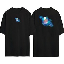 The Wert  Galaxy Planet Star Ön Arka Baskılı Sıyah Oversize T-Shirt