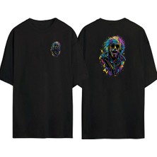 The Wert  Renli Einstein Ön Arka Baskılı Sıyah Oversize T-Shirt