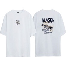 The Wert  Alaska Uçak  Ön Arka Baskılı Beyaz Oversize T-Shirt