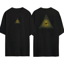 The Wert  Illiminati, Üçgen Içinde Göz Ön Arka Baskılı Sıyah Oversize T-Shirt