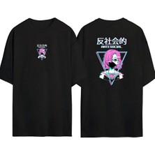 The Wert  Anime Karakteri Antı Socıal Ön Arka Baskılı Sıyah Oversize T-Shirt