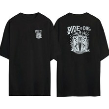 The Wert  Ride ve Die Motosiklet Ön Arka Baskılı Sıyah Oversize T-Shirt