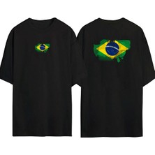 The Wert  Brezilya Bayrağı Ön Arka Baskılı Sıyah Oversize T-Shirt