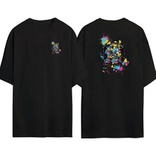 The Wert  Renkli Kedi Illüstrasyon Ön Arka Baskılı Sıyah Oversize T-Shirt