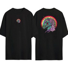 The Wert  Deniz Mavisi ve Mor Unicorn Ön Arka Baskılı Sıyah Oversize T-Shirt