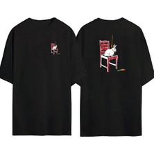 The Wert  Sandalyedeki Tavşan, Havuç Ön Arka Baskılı Sıyah Oversize T-Shirt