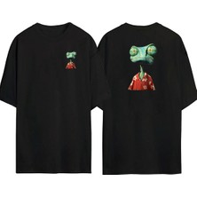 The Wert  Kırmızı Gömlekli Sürüngen Ön Arka Baskılı Sıyah Oversize T-Shirt