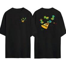 The Wert  Ninja Kaplumbağalar ve Pizza Ön Arka Baskılı Sıyah Oversize T-Shirt