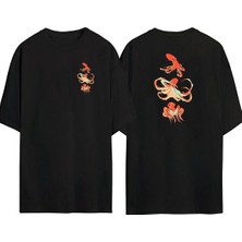 The Wert  3 Ahtapot Ön Arka Baskılı Sıyah Oversize T-Shirt