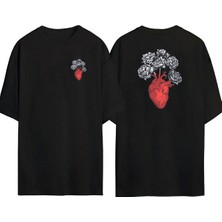 The Wert  Heart With Fading Flowers Ön Arka Baskılı Sıyah Oversize T-Shirt