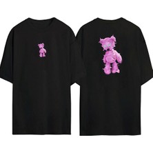 The Wert  Pink Bear Ön Arka Baskılı Sıyah Oversize T-Shirt