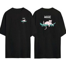 The Wert  Wave Cat Ön Arka Baskılı Sıyah Oversize T-Shirt