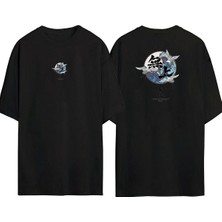 The Wert  Japon Leylekler Ön Arka Baskılı Sıyah Oversize T-Shirt