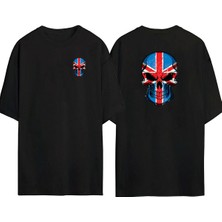 The Wert  Mavi ve Kırmızı Kafatası Illüstrasyon Ön Arka Baskılı Sıyah Oversize T-Shirt