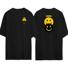 The Wert  Melek ve Şeytan Ön Arka Baskılı Sıyah Oversize T-Shirt