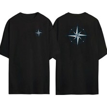 The Wert  Siyah ve Beyaz Pusula Illüstrasyon Ön Arka Baskılı Sıyah Oversize T-Shirt