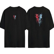 The Wert  Art Neckline Telefon Ön Arka Baskılı Sıyah Oversize T-Shirt
