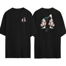 The Wert  Sörf Tahtası ve Ağaçlar Ön Arka Baskılı Sıyah Oversize T-Shirt