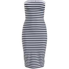 Tommy Jeans Straplez Yaka Çizgili Mavi Uzun Kadın Elbise Tjw Logo Tape Strıpe Tube Dress