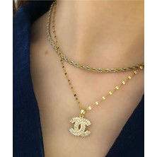 Nilotus Baget Taşlı Chanel Gold Kolye (Garantili Ürün) 316L Ayar Çelik