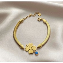 Nilotus Nazar Boncuklu Gold Yonca Bileklik (Ürün Garantilidir) 316L Ayar Çeliktir