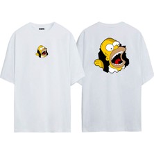 The Wert Unisex Homer Simpson Ön Arka Baskılı Beyaz Oversize T-Shirt