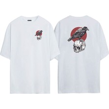 The Wert Unisex Karga ve Skull Ön Arka Baskılı Beyaz Oversize T-Shirt