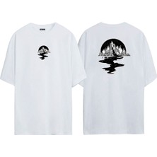 The Wert Unisex Dağ ve Gökyüzü Yıldızlar Ön Arka Baskılı Beyaz Oversize T-Shirt