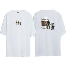 The Wert Unisex Coffee Refill Ön Arka Baskılı Beyaz Oversize T-Shirt