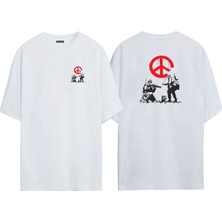 The Wert Unisex Graffiti Sokak Sanatı Tuval Ön Arka Baskılı Beyaz Oversize T-Shirt