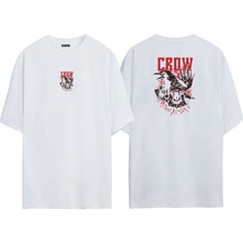 The Wert Unisex Karga Crow Ön Arka Baskılı Beyaz Oversize T-Shirt