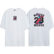 The Wert Unisex Mause 8 Tavşan Ön Arka Baskılı Beyaz Oversize T-Shirt