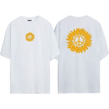 The Wert Unisex Barış Işareti ve Papatya Ön Arka Baskılı Beyaz Oversize T-Shirt