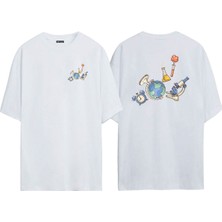 The Wert Unisex Bilim Mikroskob Ön Arka Baskılı Beyaz Oversize T-Shirt